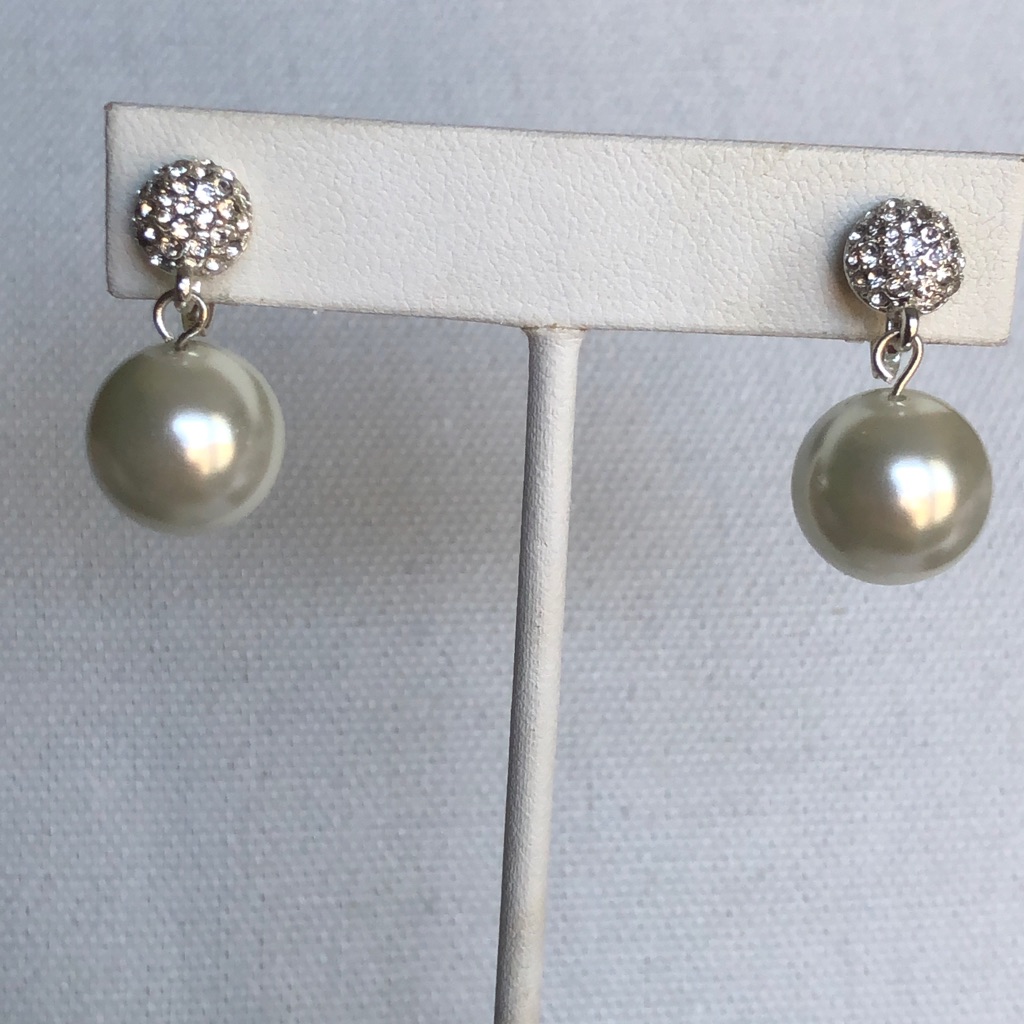 White Pearl 14mm Crystal Clip Silver Tone Earrings 29$